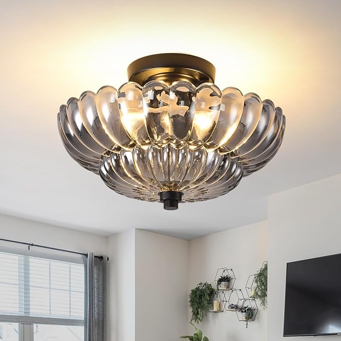 Semi Flush Mount Ceiling Light, 11.8 Inch Black Vintage Hallway Light Fixture with Smoky Gray Glass, Close to Ceiling Light for Bedroom Kitchen Living Room Bathroom Foyer, E26 Base