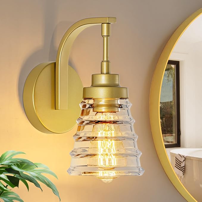 Gold Bathroom Wall Sconce, Brass Sconces Wall Lighting with Clear Glass Shade, Modern Wall Light Fixture for Bedroom Hallway Mirror