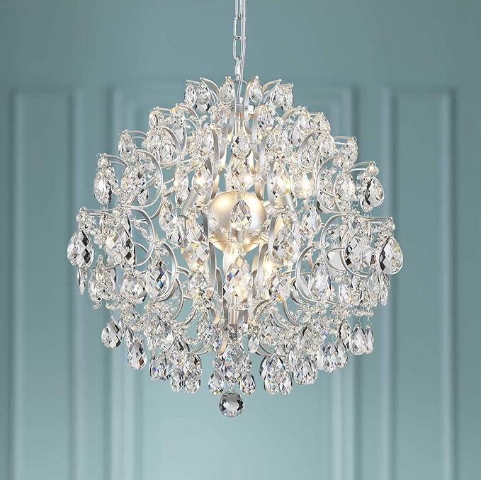 Bestier Silver Modern Pendant Chandelier Crystal Raindrop Lighting Ceiling Light Fixture Lamp for Dining Room Bathroom Bedroom Livingroom 6 E12 Bulbs Required D19 in x H21 in