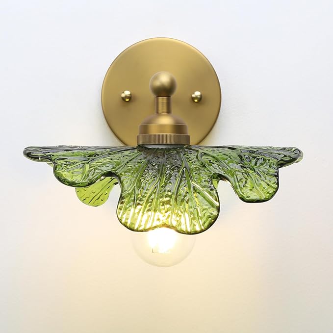 Pathson Vintage Wall Sconce Green Flower Glass, Hardwired Bathroom Sconce Boho Brass Wall Vanity Light for Living Room, Kitchen Sink, Bedroom, Farmhouse Lamp