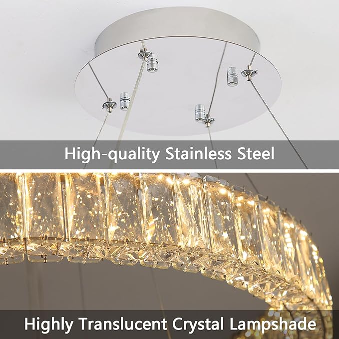 HAIXIANG Modern Crystal Chandelier Dimmable LED 16 Inch Ring Pendant Lights Adjustable Glam Chandeliers Lighting Fixtures for Dining Room Living Room Bedroom Silver Light