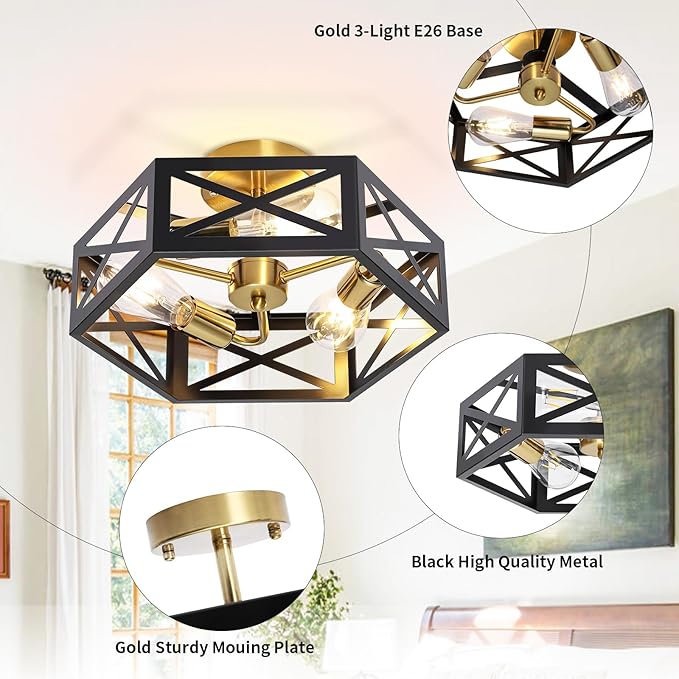 Semi Flush Mount Ceiling Light, Black and Gold Light Fixtures Ceiling Mount with Hexagon Cage, Metal Industrial Close to Ceiling Light for Hallway, Kitchen, Bedroom (Black and Gold, 14.56''L)