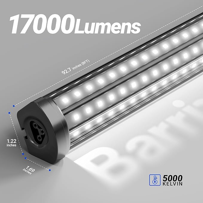 Barrina T8 LED Shop Lights 8FT, 140W 17000LM 5000K, U-Shaped 3 Rows LED Garage Lights, Linkable, Hanging & Flush Mount, 8 Foot Commercial LED Shop Lights for Garage, Workshop, Kitchen, 10 Packs, Black