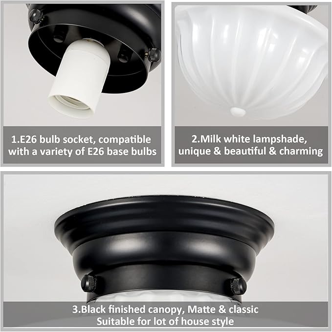 youngrender Black Schoolhouse Light Fixture Ceiling, 9 Inch Hallway Semi Flush Mount Ceiling Lighting, White Milk Glass Ceiling Lights Mid Century for Bedroom, Kitchen, Entryway