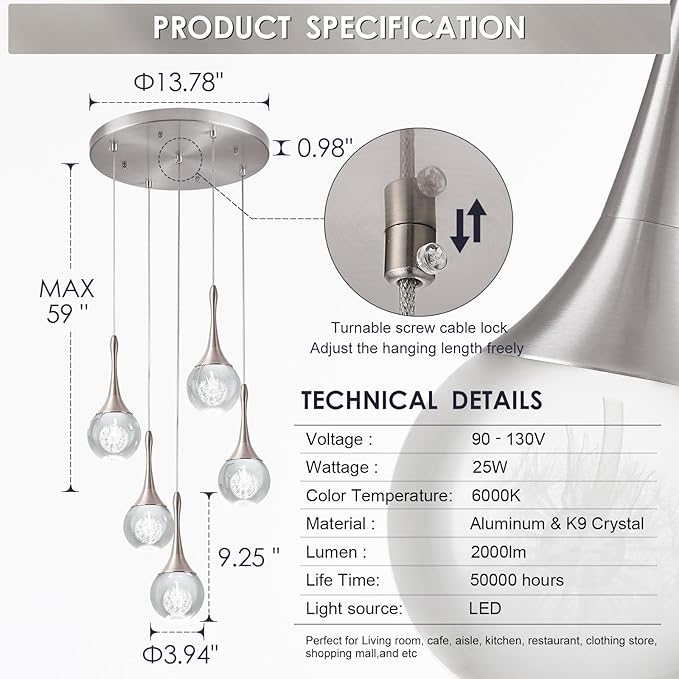 5 Lights Crystal Pendant Light, Brushed Nickel 25W Dimmable LED Teardrop Cluster Pendant Lighting Fixture for Dining Room Over Kitchen Island Bathroom Room Foyer Hallway Bedroom 6000k Cold White