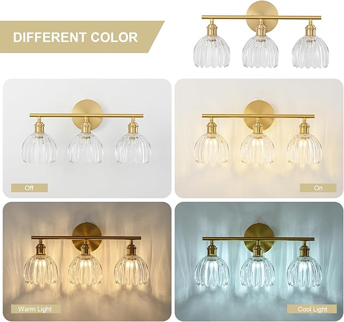 Gold Bathroom Light Fixtures Over Mirror, 3 Light Bathroom Vanity Light Fixture with Tulip Transparent Glass Lampshade, Vintage Vanity Lights for Bathroom, Bathroom Vanity Lights Over Mirror