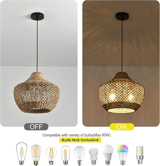15.4" Rattan Pendant Light Fixtures,Boho Water Plants Pendant Light,2-Light Hand Woven Seagrass Chandelier for Workplace Occasions Restaurants Dining Living Bedroom Kitchen Farmhouse
