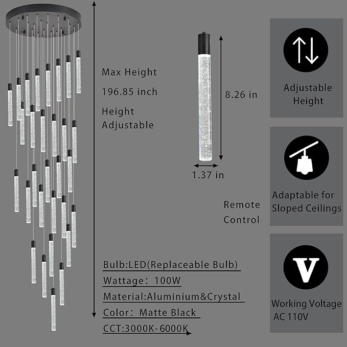 30-Light Black High Ceiling Chandeliers Modern Crystal Chandeliers for Entryway Long Spiral LED Dimmable Chandelier Flush Mount Ceiling Staircase Foyer Living Room Ceilings Light Fixture