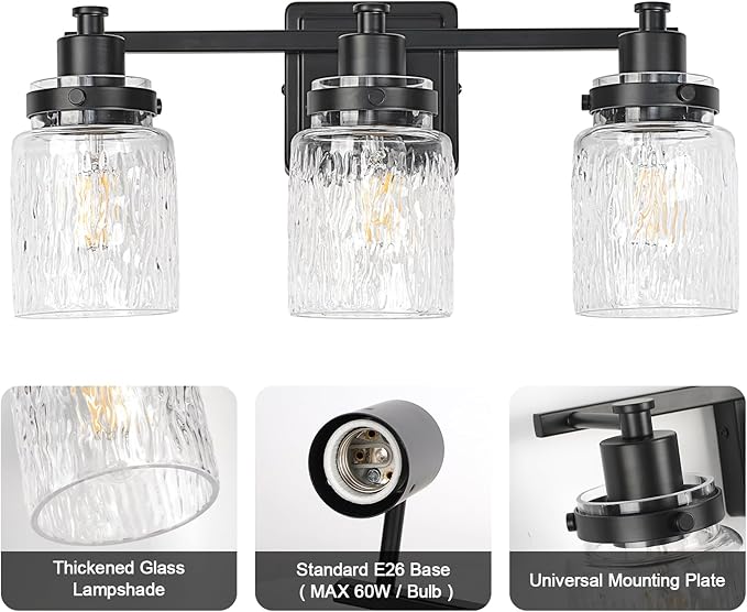 3 Lights Bathroom Light Fixtures Farmhouse Black Vanity Lights for Bathroom Lighting Fixtures Over Mirror with Hammered Glass Lampshade for Cabinet Mirror Bedroom Hallway