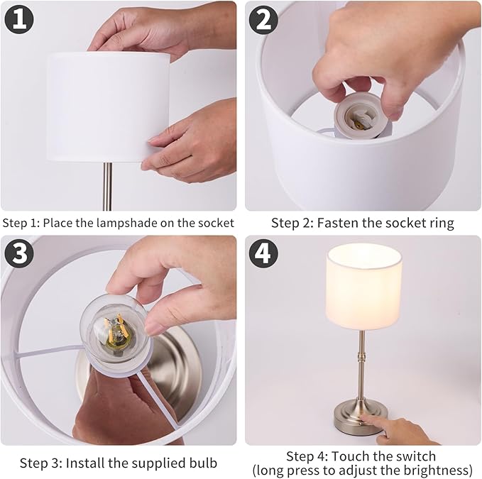 Rechargeable Cordless LED Table Lamp Fabric Shade Desk Lamp, 3-Level Dimmable Touch Control, 5200mAh, Patio Table Lamp, Bedside Night Lamp, Ambient Light for Restaurant.(Silver)