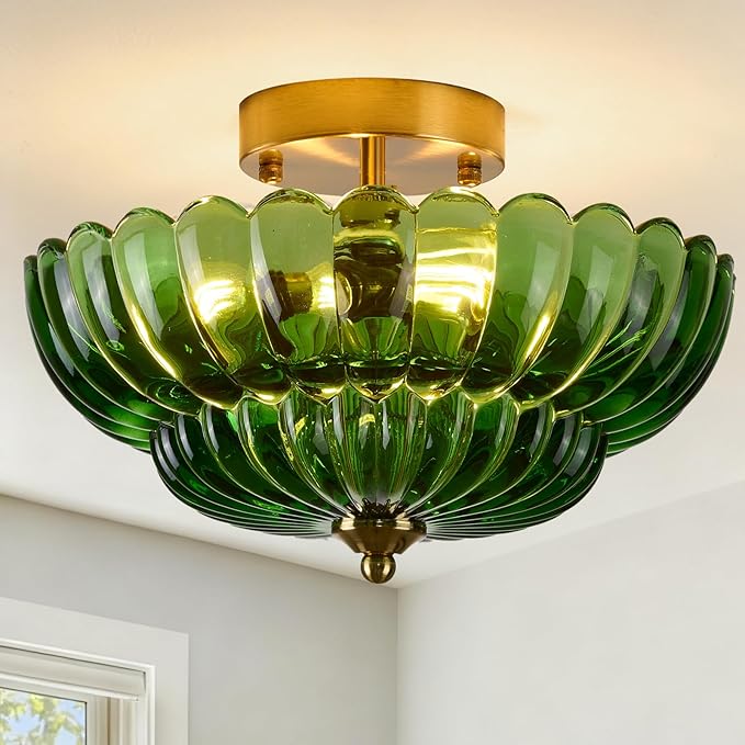 Semi Flush Mount Ceiling Light Green Crystal Glass Fixture - 12" Vintage Gold Close to Ceiling Lamp for Bedroom Hallway Kitchen Entryway, Mid Century Modern Art Deco Lighting (3-Light, E26 Base)