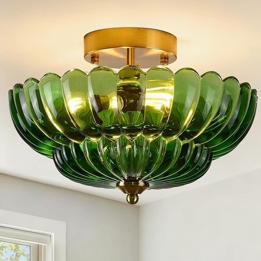 Semi Flush Mount Ceiling Light Green Crystal Glass Fixture - 12" Vintage Gold Close to Ceiling Lamp for Bedroom Hallway Kitchen Entryway, Mid Century Modern Art Deco Lighting (3-Light, E26 Base)