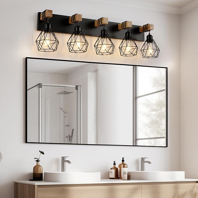 Farmhouse Vanity Light for Bathroom, 5-Light Wood Bathroom Vanity Light Fixtures Over Mirror, Rustic Sconces Wall Lighting with Metal Lampshade for Living Room, Bedroom, Hallway