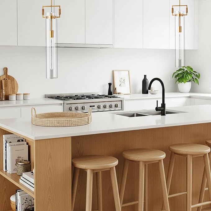 Brass Pendant Light Glass for Kitchen Island 1Pack , Gold Pendant Lights, Adjustable Hanging Chandelier with Glass Shade Modern Pendant Light Fixture for Farmhouse, Dining Room E26 Bulb Included