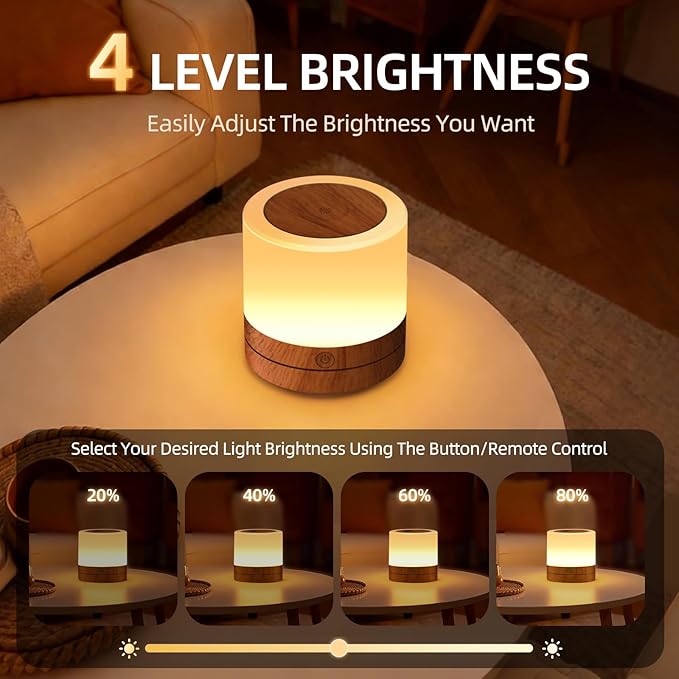 Portable Night Light for Kids, USB Rechargeable Small Desk Lamp,13 RGB Colors & 4 Brightness & 1 Remote, Touch Bedside Table Lamp for Nursery Bedroom Living Room Home (Wood Grain)