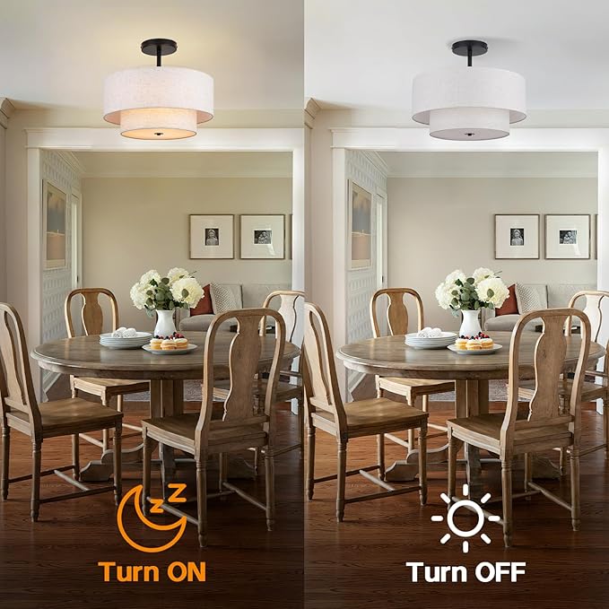 18 Inch Large Semi Flush Mount Ceiling Light Fixture with Dual Drum Design, Farmhouse Fabric Linen Shade for Bedroom, Living Room, Kitchen, and Dining - Modern Chandelier Lamp