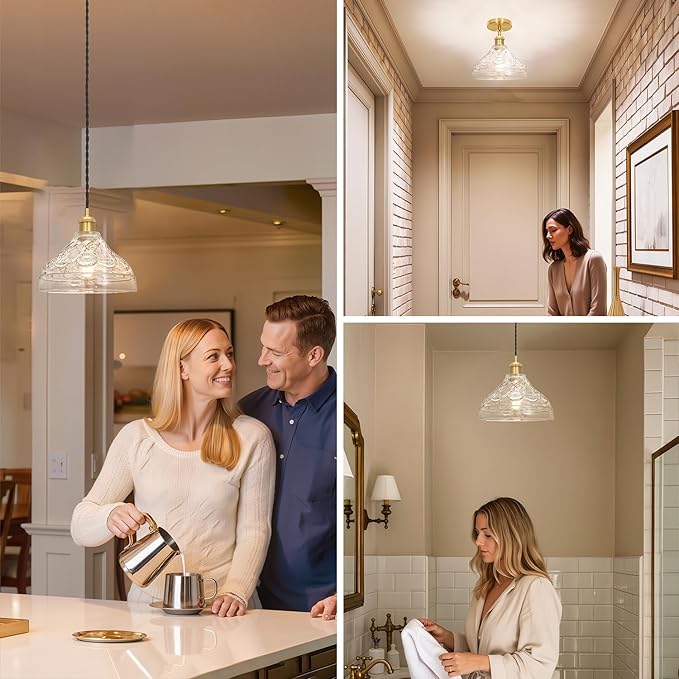 Vintage Pendant Lights for Kitchen with Clear Embossed Glass Shade, Brushed Gold Pendant Lights Kitchen Island, Adjustable Light Pendant Hanging Light for Entrance Bedroom Hallway,E26 Socket