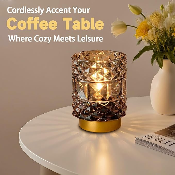 MJ PREMIER Battery Operated Lamp with Timer, Cordless Table Lamps for Shelf Decor, Rhombus Texture Aesthetic Crystal Lamp, Small Decorative Lamps for Bedroom/Bathroom/Kitchen/Entryway/Dorm (Grey)