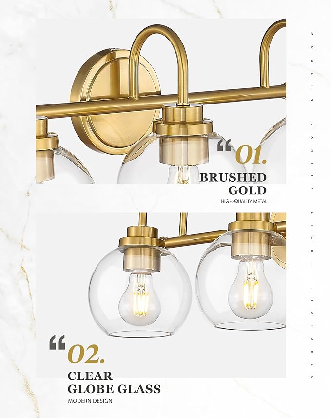 Bathroom Light Fixtures, 2-Light Brushed Gold Vanity Lights with Globe Clear Glass, Champagne Bronze Vanity Lighting Fixtures Over Mirror, AD-22280-2W-GD
