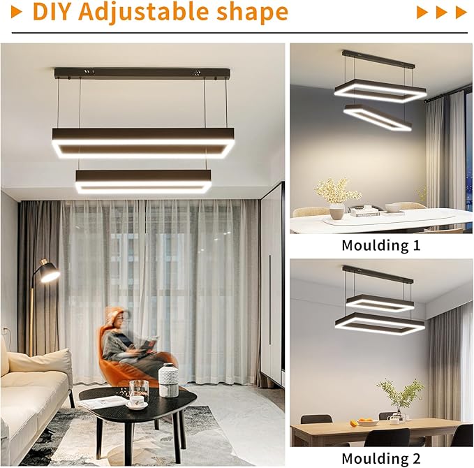 Modern Chandeliers for Living Room, 2-Ring Rectangles Pendant Light Kitchen Island Fixtures, Dimmable LED Chandelier for Dining Room Bedrooms, Black (40CM/60CM)