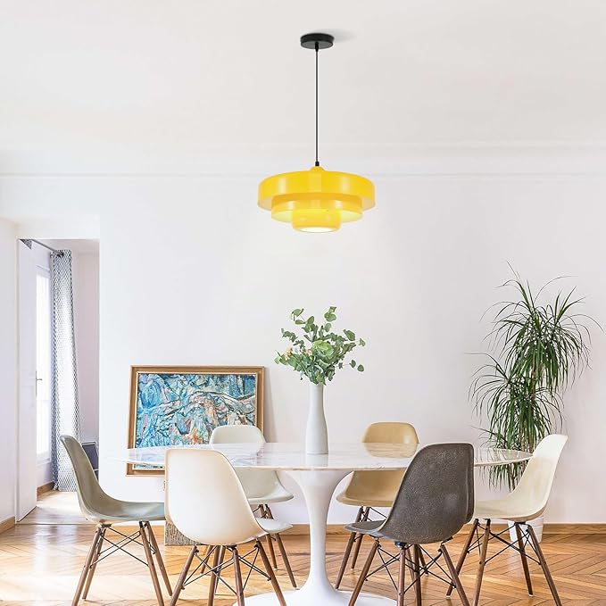 Mid Century Yellow Flush Mount Pendant Light, 3-Layer Metal Industrial Chandelier for Kitchen Island, Dining Room, Foyer, Retro Vintage Ceiling Light Fixture