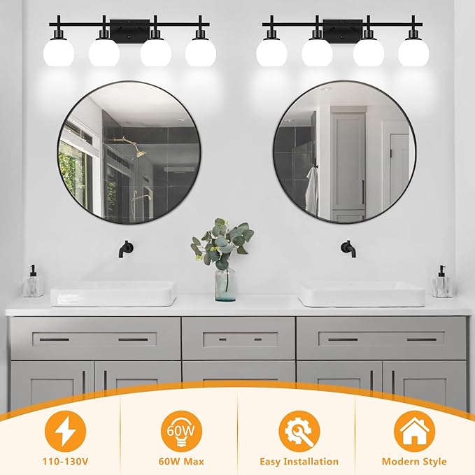 Dpyrrhic 4-Light Modern Vanity Lighting Fixtures, Bathroom Wall Mounted Vanity Light,Black Bathroom Lighting Fixtures Over Mirror with Milky White Glass Lampshade for Bedroom, Living Room