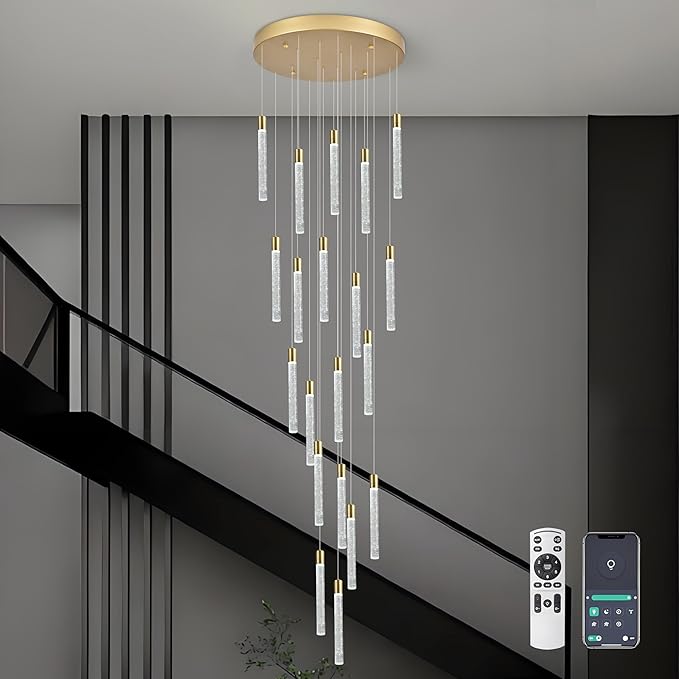 20-Light Gold High Ceiling Chandeliers Modern Crystal Chandeliers for Entryway Long Spiral LED Dimmable Chandelier Flush Mount Ceiling Staircase Foyer Living Room Ceilings Light Fixture