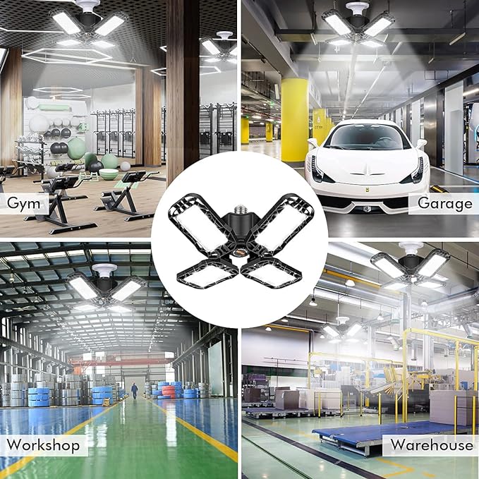 Tudoccy LED Garage Light 4 Pack, 180W Ultra Bright LED Shop Light with 4 Adjustable Panels, 18000LM E26/E27 Base Deformable Ceiling Fixtures for Garage, Workshop, Attic, Basement, Barn (Black-4 Pack)