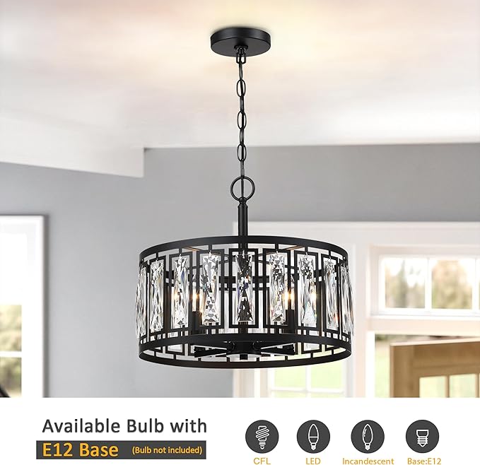 Modern Crystal Chandeliers, 4 Lights Matte Black Pendant Lighting Fixture for Dining Room Adjustable Hanging Ceiling Light for Kitchen Island