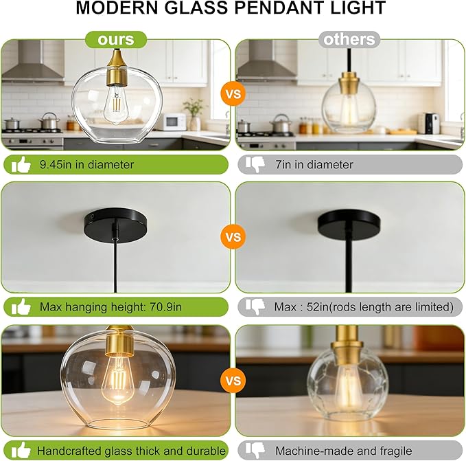 Glass Pendant Lights Kitchen Island, 9.45'' Black Gold Pendant Lighting Fixtures, Modern Hanging Ceiling Light with Clear Glass Shade for Farmhouse Dining Room Bedroom Hallway(1 Pack)
