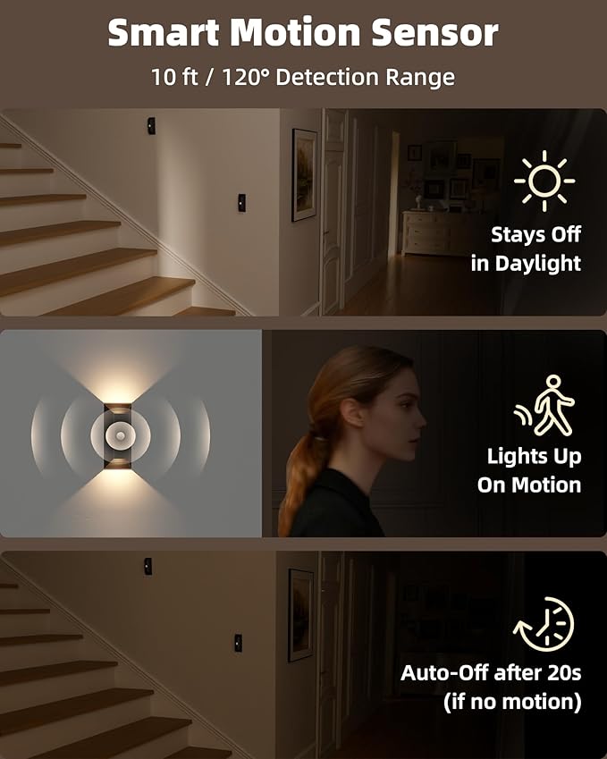 EZVALO Motion Sensor Wall Lights, 4000mAh Rechargeable Battery Operated Wall Sconces Set of 2, 3 Color Temps, Dimmable, Wireless Magnetic Night Light with Remote, Timer, for Hallway, Stair, Bedroom