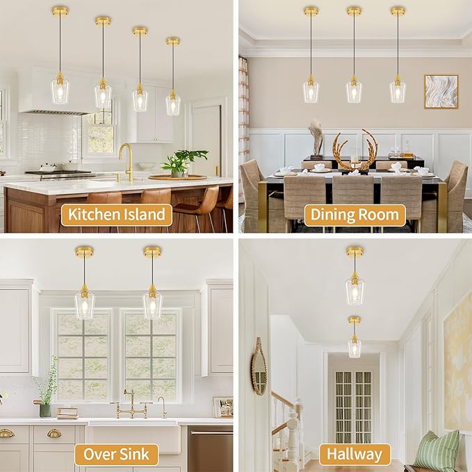 3-Pack Brushed Gold Pendant Lights Kitchen Island, Modern Glass Pendant Lighting Over Island Kitchen Hanging Light Fixtures Hallway Pendant Lights for Bathroom Dining Room Entryway Foyer Bedroom