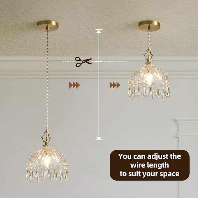 Vintage Small Crystal Pendant Lights - Brass Gold Clear Glass Mini Adjustable Hanging Kitchen Island Chandelier set of 2,Unique Flower Art Deco for Bathroom Bar Bedroom Dining Room Hallway Closet Sink