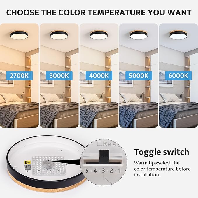 WOKNOS Modern Wood Oak Black Flush Mount Ceiling Light Dimmable LED Ceiling Light Fixture 2700K-6000K 5CCT Minimalist Circle Close to Lighting Lamp for Kitchen Bathroom Bedroom Laundry Room, 11.8''