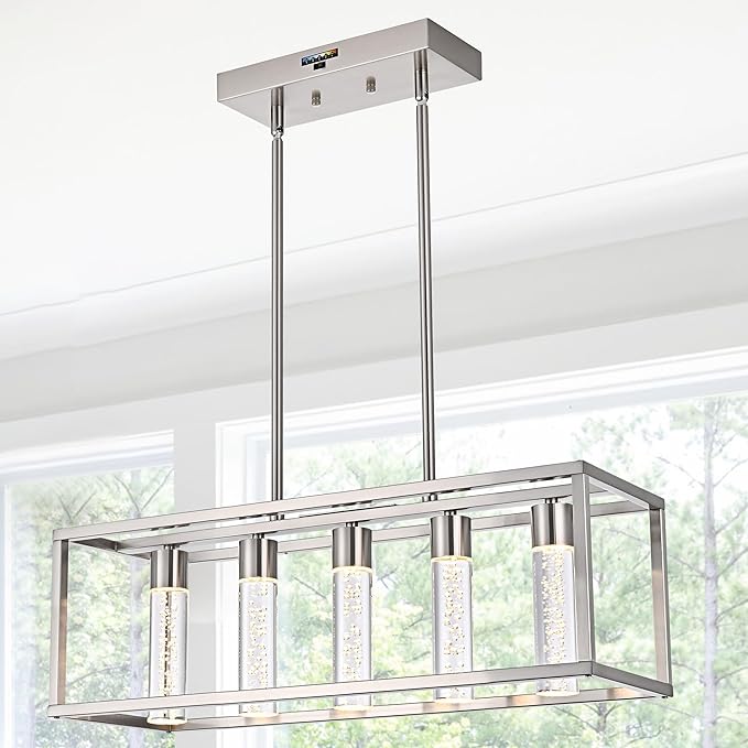 MELUCEE 5 Lights Chandeliers for Dining Room with Crystal Bubble, 25W 5 Color Dining Room Light Fixture Brushed Nickel, LED Island Lights for Kitchen Island Billiard Room, 3000-6000K Adjustable
