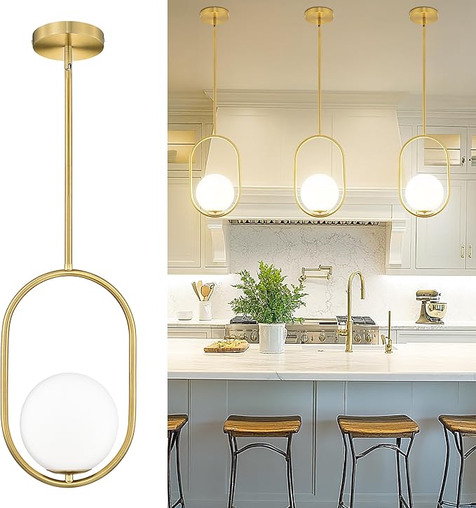 AUTELO Gold Pendant Lights, 1-Light Pendant Lights Kitchen Island in Brushed Gold Finish with Milky White Globe Glass, Mid Century Pendant Light Fixtures, Gold Hanging Lights for Kitchen H9376 MGBG