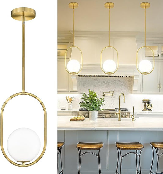 AUTELO Gold Pendant Lights, 1-Light Pendant Lights Kitchen Island in Brushed Gold Finish with Milky White Globe Glass, Mid Century Pendant Light Fixtures, Gold Hanging Lights for Kitchen H9376 MGBG