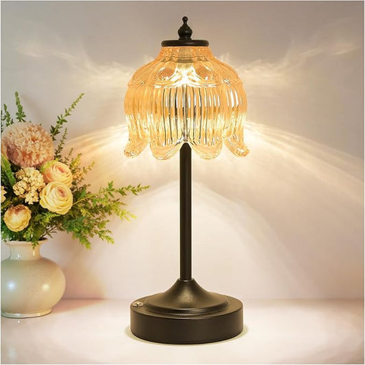 Cordless Lotus Flower Table Lamp, 5200mAh Rechargeable Battery Operated Portable Lamp, 3-Color Dimmable Touch Control Small Desk Lamp for Bedroom, Office, Kitchen, Nightstand,Room Decor(Amber-2)