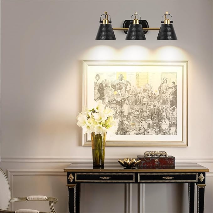 PAZALA Black and Gold Vanity Light, 3-Lights Farmhouse Vanity Light, Bathroom Light Fixtures Over Mirror, 24inch Modern Bathroom Wall lamp for Bath Mirror Living Room Cabinet Bedroom