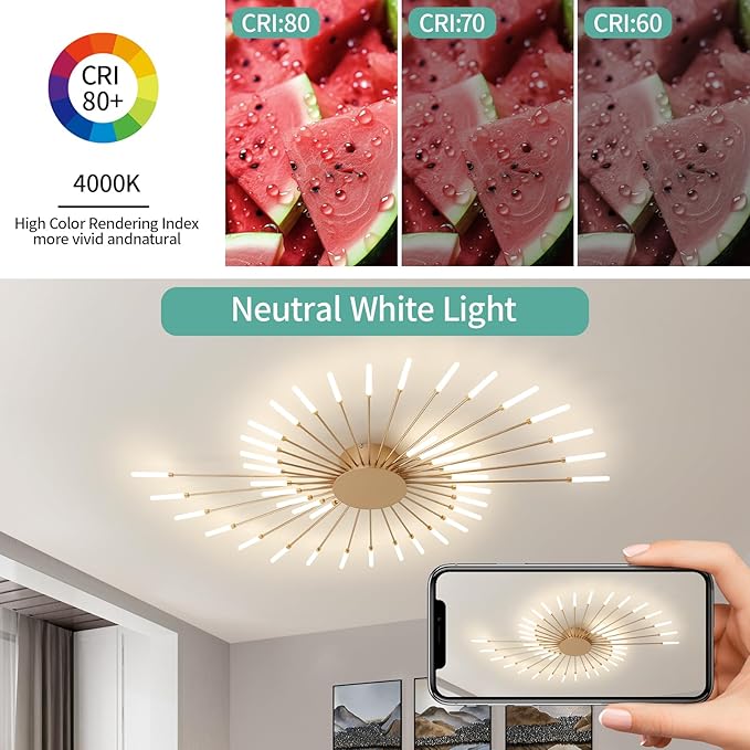 ziidoo Modern Ceiling Light, 42 Lights Metal Firework Designed Chic Led Lighting Fixture for Farmhouse Kitchen Dining Room Bedroom Hallway Living Room (Gold and Dark Gold)