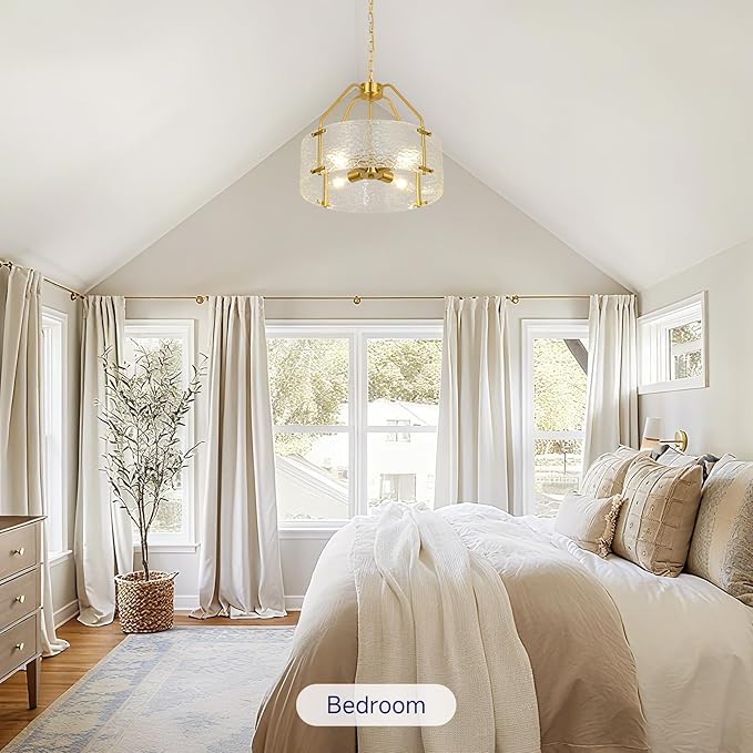 Modern Brushed Gold Chandeliers for Dining Room: 17.7'' Drum Textured Glass Entryway Lights Fixture Hanging - 4 Light Kitchen Chandelier Over Table - Crystal Round Chandelier for Bedroom Fallway Foyer