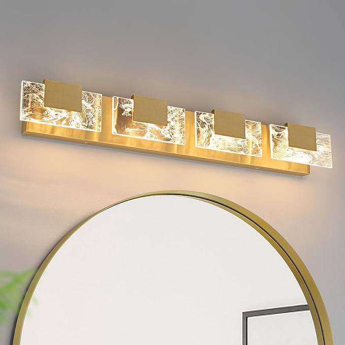 LED Bathroom Vanity Light: 32 inch Brushed Gold Acrylic Modern Lighting Fixtures - 4 Lights Contemporary Smoke Design Wall Lights Fixture Over Mirror 3000K