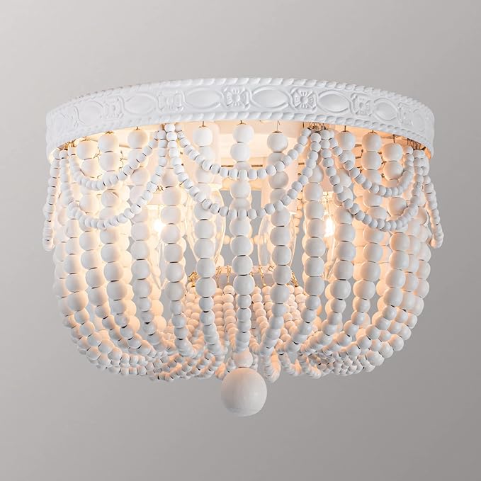 4-Lights Bohemian Flush Mount Ceiling Light Wood Beaded Mini Chandelier Farmhouse Ceiling Lighting Fixtures for Bedroom Dining Room Foyer Kitchen Hallway Nursery Room Walk in Closet, White