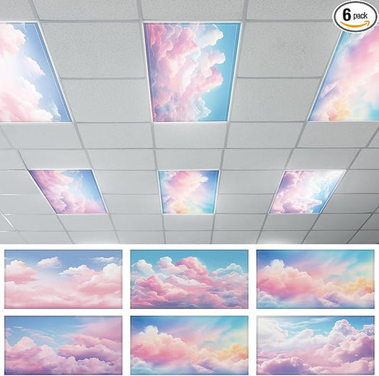 6 Pcs Fluorescent Light Covers with 60 Magnets Decorative for Classroom Ceiling Light 4 x 2 Feet Magnetic Lights Covers Filter Easy Install for Office Hospitals & Home Drop Ceiling Supplies (Cumulus)