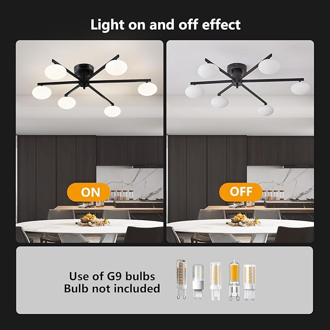 Globe Semi Flush Mount Ceiling Light Black Sputnik 6-Lights Ceiling Lighting Mid Century Modern Close to Ceiling Light for Bedroom Kitchen and Dining Room
