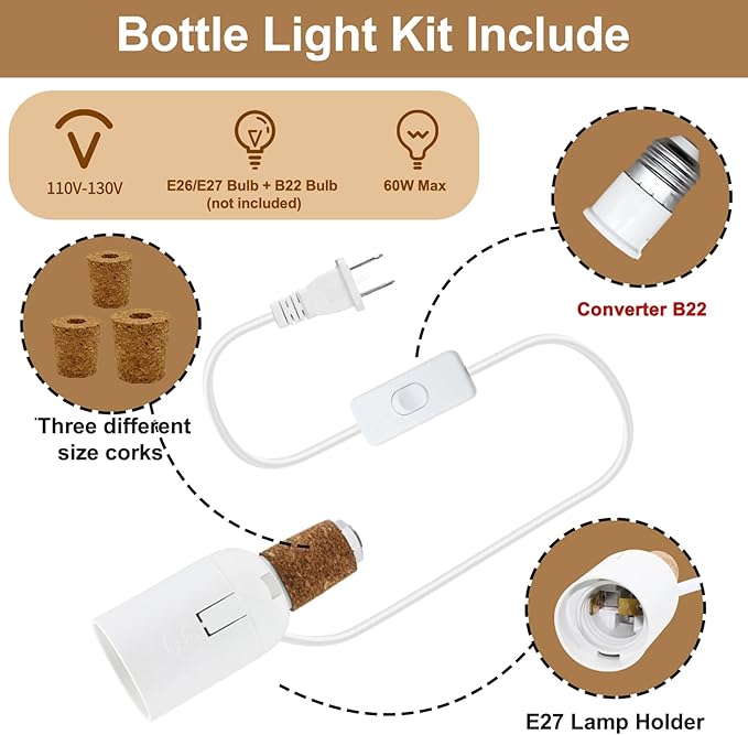 2 Pack Bottle Lamp Kits, 240cm Wine Bottle Table Lamp, DIY Lamp Fittings Kit for Table Lamp with E26/E27 to B22 Converter 3 Sizes of Corks No Drilling (No Bulb)