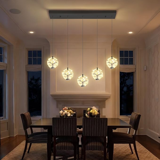 ykolupty 5-Lights Crystal Globe Pendant Light Kitchen Island Black Linear Chandeliers for Dining Room,LED Dimmable Globe Chandelier for Kitchen Living Room Foyer