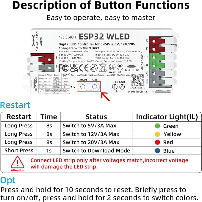 ESP32 WLED Controller with 16A Fuse for 5V-24V LED Strip Dynamic RGB IC DIY Port WiFi App Control Easy Wiring FCOB Addressable Strip Light (DOM-WLE-12P with Mic/UART)