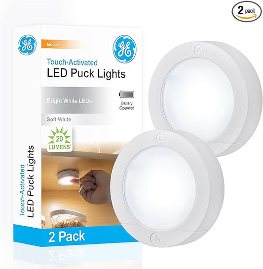 GE Wireless LED Tap-Lights, Battery Operated, 20 Lumens, Touch-Activated Puck Lights, Stick-On for Under Cabinet, Kitchen, Closet, or Garage, 2-Pack 25434