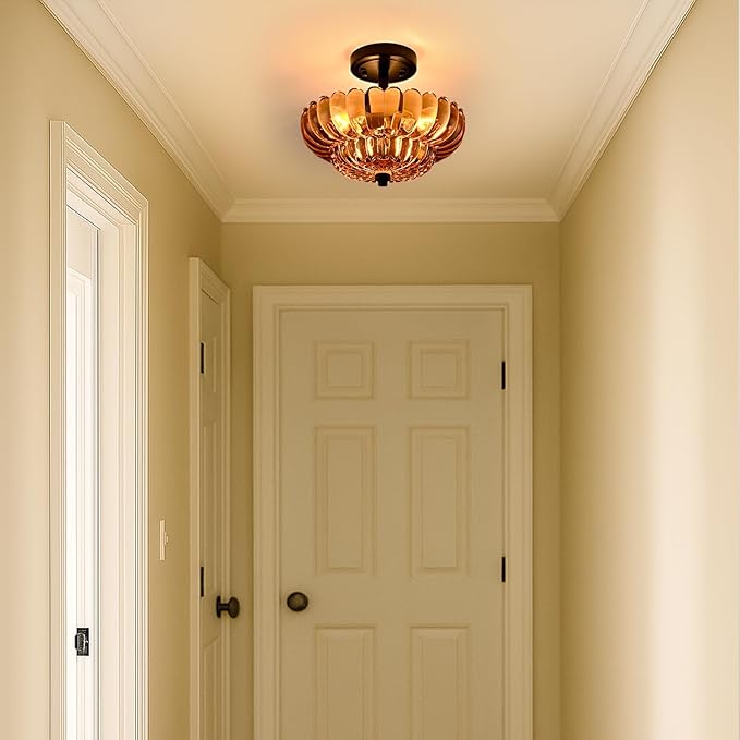 Semi Flush Mount Ceiling Light Fixture, Amber Glass 3-Light Modern Vintage Ceiling Lights, Scalloped Close to Ceiling Light, Black Base Flush Mount Ceiling Light for Hallway Bedroom Entryway Kitchen